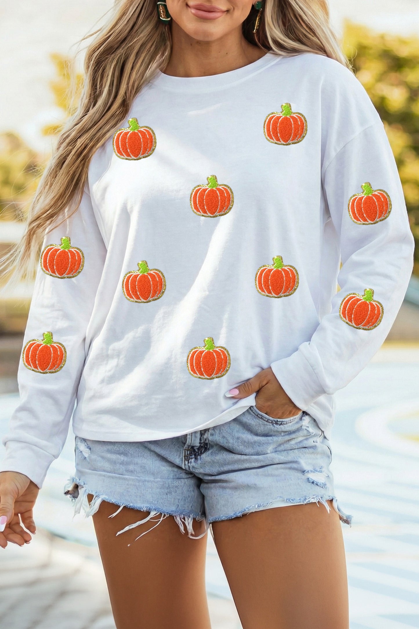 White Glitter Chenille Pumpkin Patch Graphic Long Sleeve Top