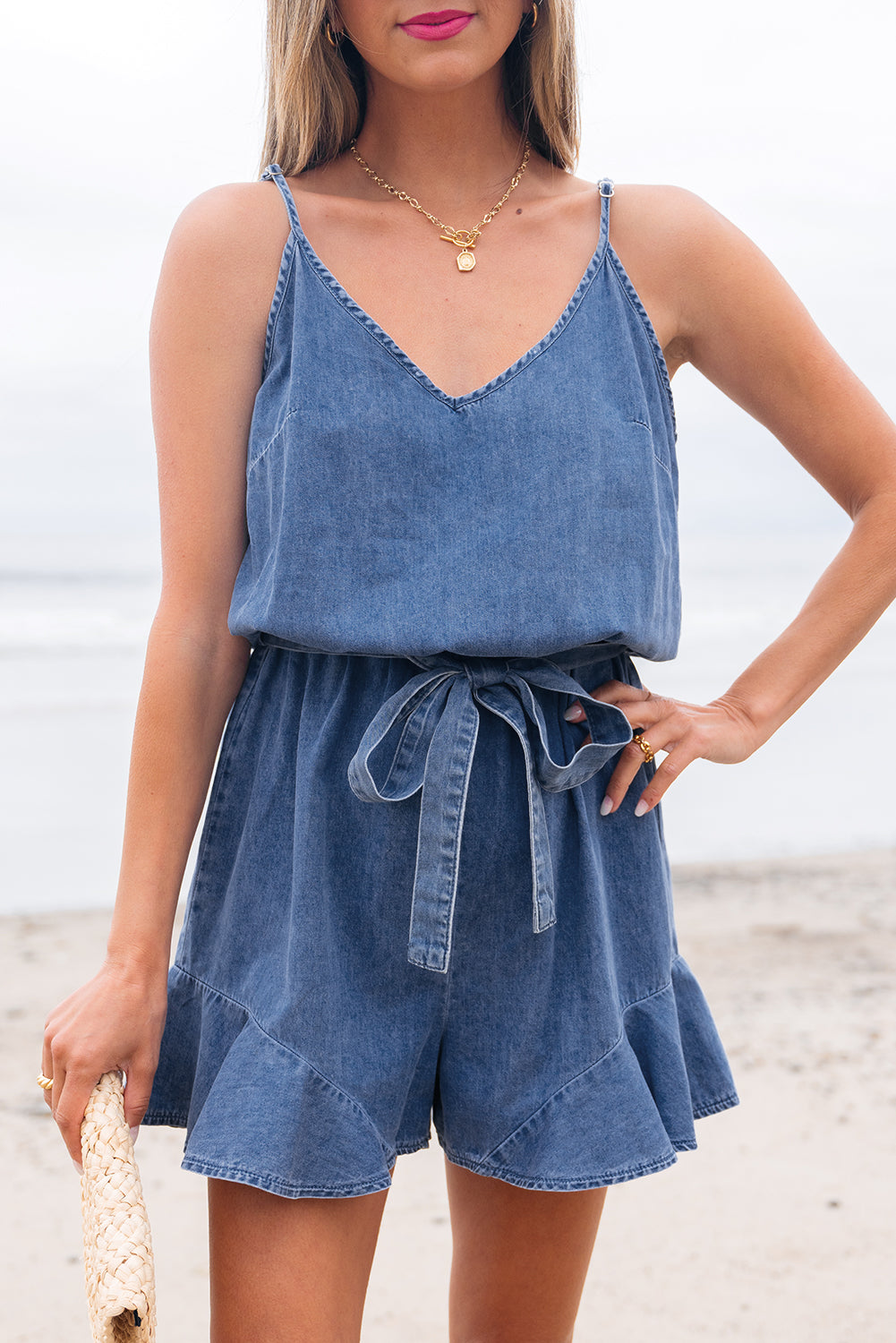 Ashleigh Blue Spaghetti Straps V Neck Belted Ruffled Leg Chambray Romper-Bottoms/Jumpsuits & Rompers-[Adult]-[Female]-2022 Online Blue Zone Planet
