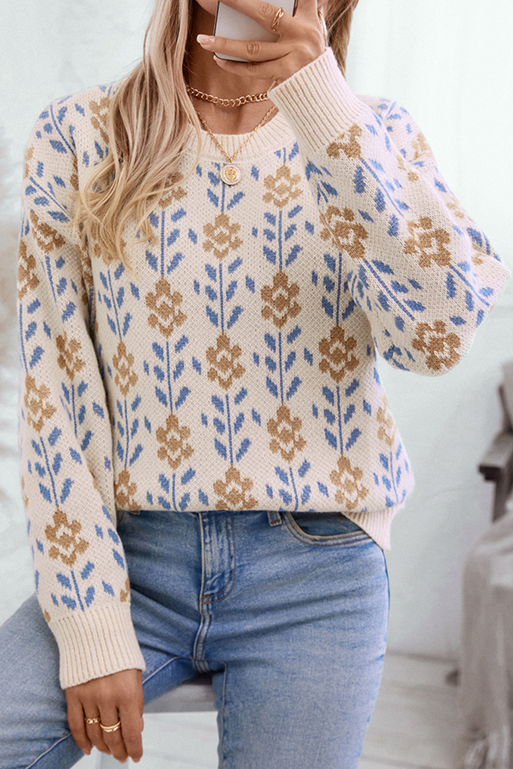 Apricot Floral Pattern Crew Neck Sweater-Sweaters-[Adult]-[Female]-Apricot-S-2022 Online Blue Zone Planet