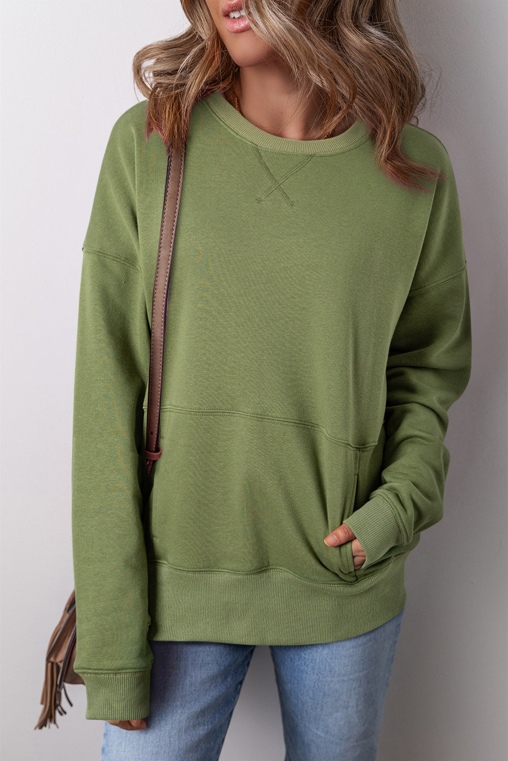 Blue Zone Planet | Black Drop Shoulder Crisscross Stitching Pocketed Loose Sweatshirt-Tops/Sweatshirts & Hoodies-[Adult]-[Female]-Vineyard Green-S-2022 Online Blue Zone Planet