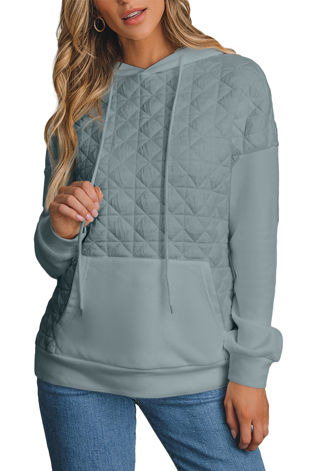 Light Grey Drop Shoulder Quilted Patchwork Kangaroo Pocket Hoodie-Tops/Sweatshirts & Hoodies-[Adult]-[Female]-2022 Online Blue Zone Planet