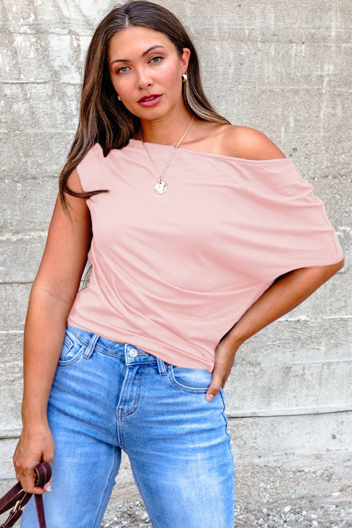 Gossamer Pink Plus Size Solid Color Asymmetric Neck Short Sleeve Blouse-Plus Size/Plus Size Tops/Plus Size Tops & Tees-[Adult]-[Female]-2022 Online Blue Zone Planet