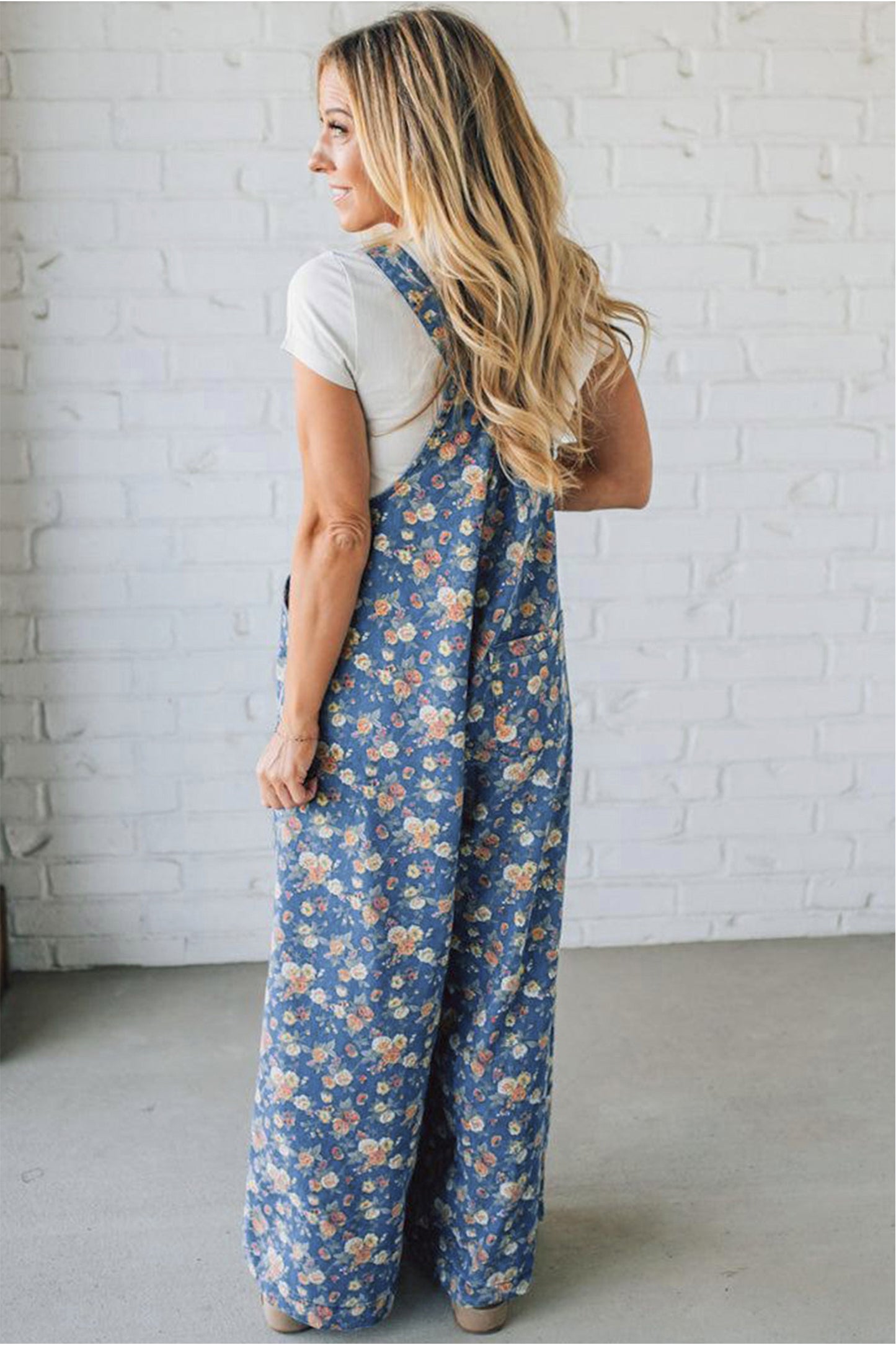 Blue Vintage Rose Printed Pleated Loose Denim Overall Jumpsuit-Bottoms/Jumpsuits & Rompers-[Adult]-[Female]-2022 Online Blue Zone Planet