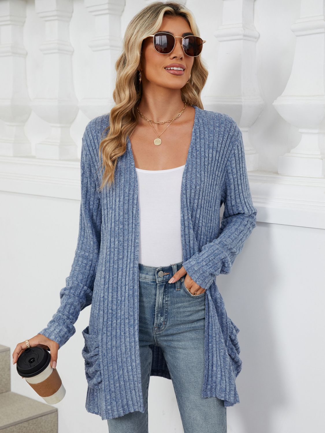 Blue Zone Planet | Pocketed Open Front Long Sleeve Cardigan-TOPS / DRESSES-[Adult]-[Female]-2022 Online Blue Zone Planet