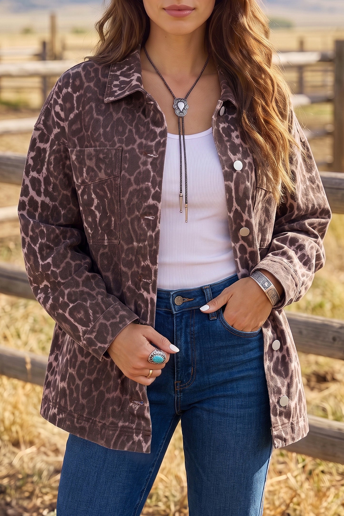 Khaki Oversized Leopard Print Long Sleeve Patch Pocket Denim Jacket-Outerwear/Denim jackets-[Adult]-[Female]-2022 Online Blue Zone Planet