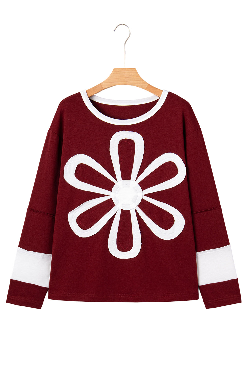 Red Dahlia Cheerful Daisy Flower Patched Round Neck Long Sleeve Top-Tops/Long Sleeve Tops-[Adult]-[Female]-2022 Online Blue Zone Planet