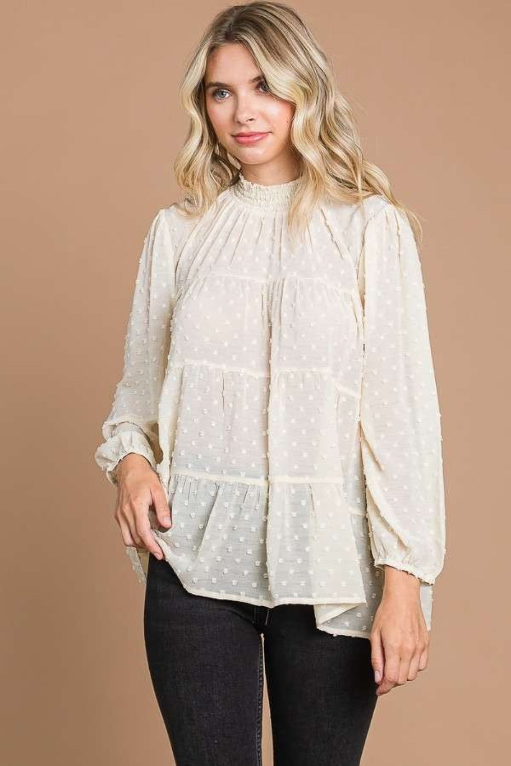 Culture Code Full Size Swiss Dot Smocked Mock Neck Blouse-TOPS / DRESSES-[Adult]-[Female]-IVORY CREAM-S-2022 Online Blue Zone Planet