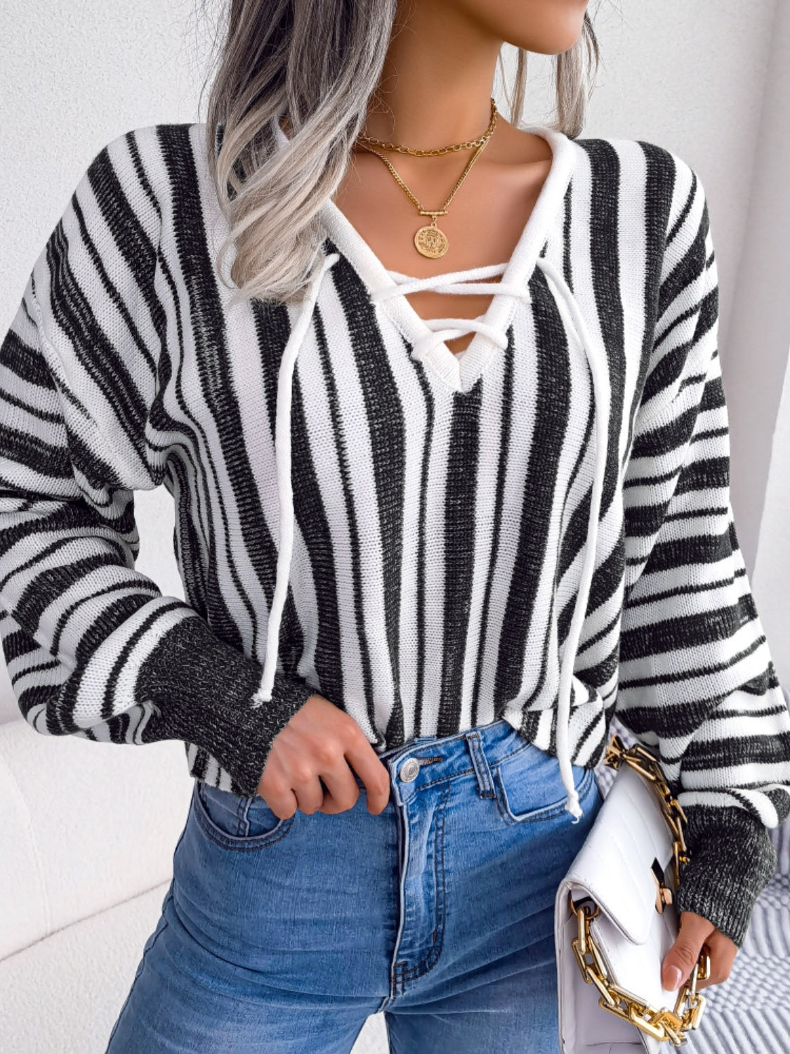 Striped Lace-Up Long Sleeve Sweater-TOPS / DRESSES-[Adult]-[Female]-2022 Online Blue Zone Planet