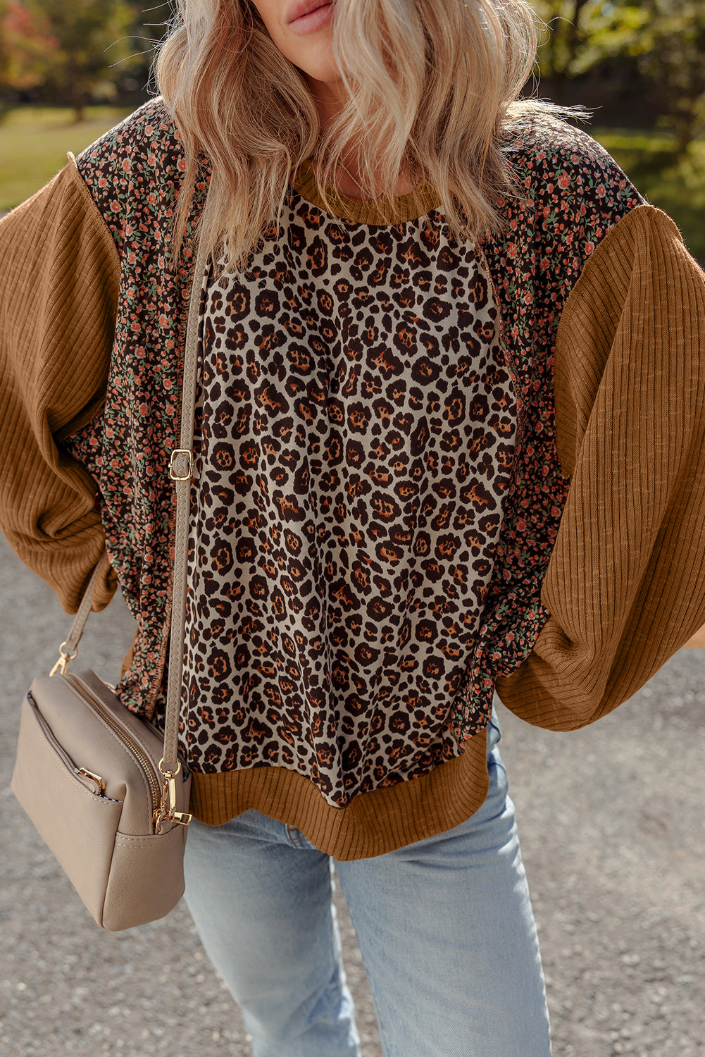 Brown Leopard Floral Print Ribbed Puff Sleeve Patchwork Loose Pullover-Tops/Long Sleeve Tops-[Adult]-[Female]-2022 Online Blue Zone Planet
