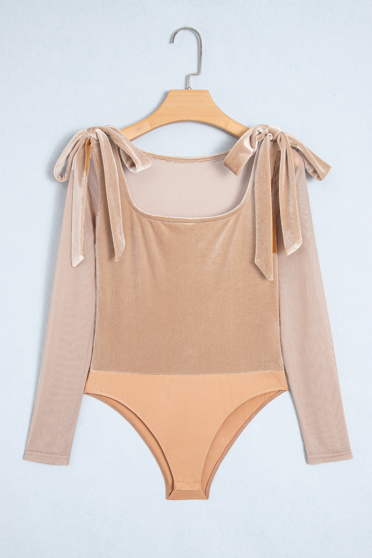 Light French Beige Solid Color Velvet Knot Square Neck Sheer Long Sleeve Bodysuit-Tops/Bodysuits-[Adult]-[Female]-2022 Online Blue Zone Planet