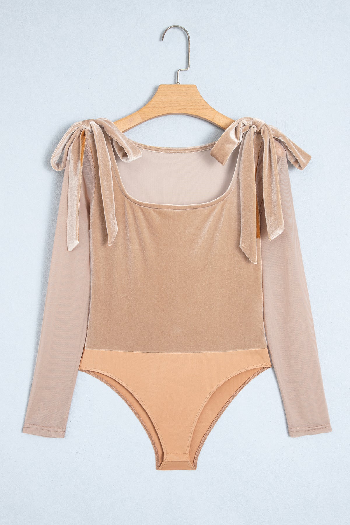 Light French Beige Solid Color Velvet Knot Square Neck Sheer Long Sleeve Bodysuit-Tops/Bodysuits-[Adult]-[Female]-2022 Online Blue Zone Planet