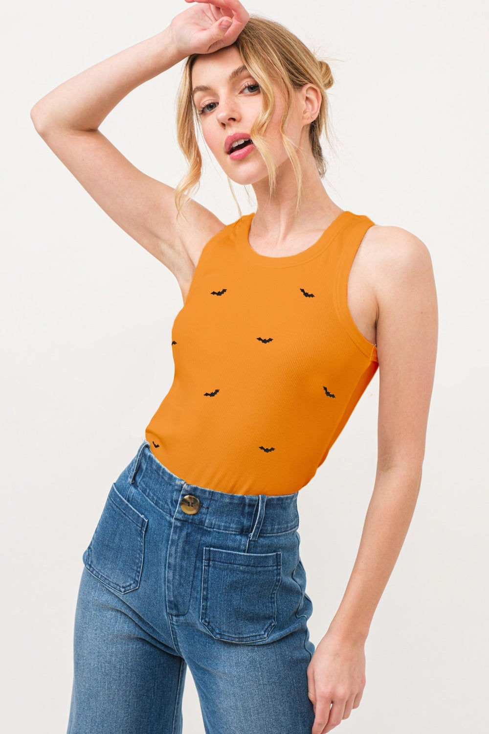 Blue Zone Planet | And The Why Bat Embroidered Ribbed Tank-TOPS / DRESSES-[Adult]-[Female]-Orange-S-2022 Online Blue Zone Planet