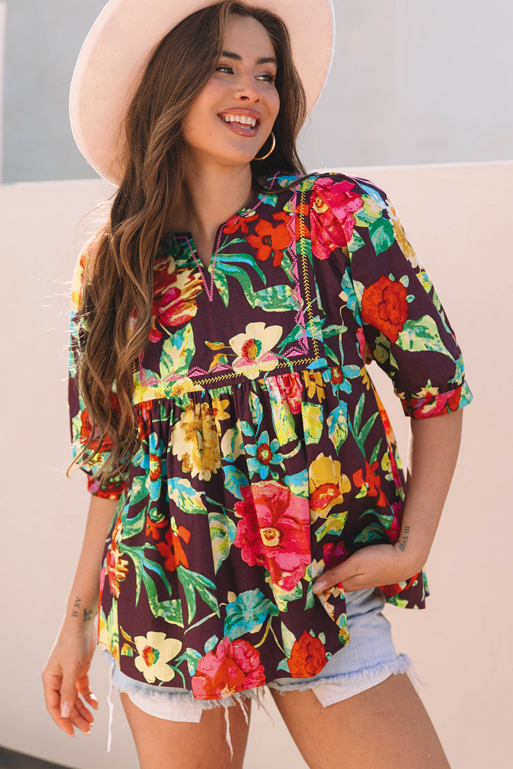 Greyish Purple Rose Flower Embroidered Trim Half Sleeve Blouse-Tops/Blouses & Shirts-[Adult]-[Female]-2022 Online Blue Zone Planet