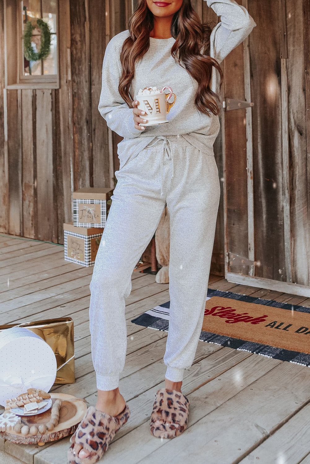 Spinach Green Long Sleeve Pullover and Jogger Pants Lounge Set-Loungewear & Sleepwear/Loungewear-[Adult]-[Female]-Gray-S-2022 Online Blue Zone Planet