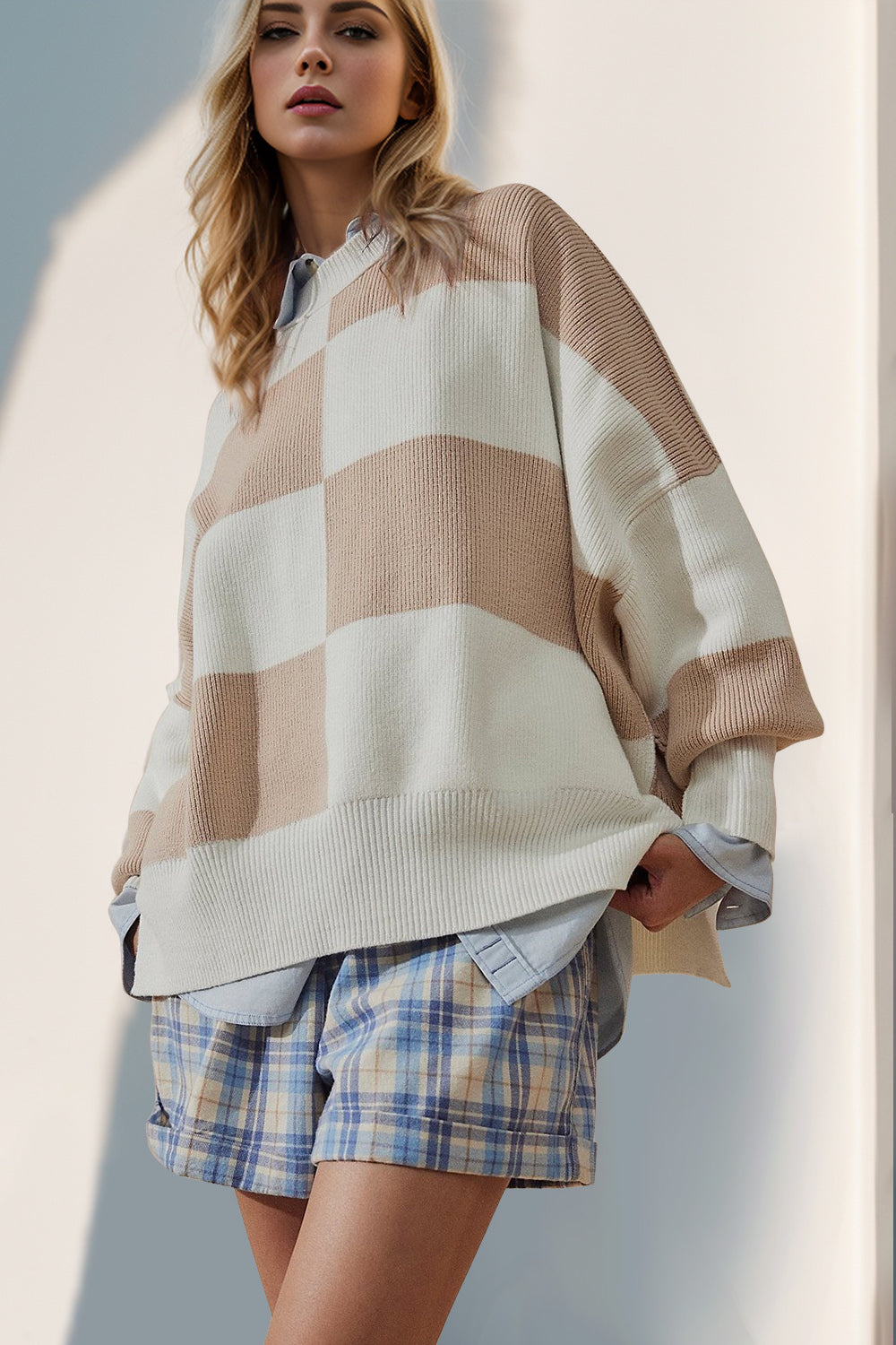 Double Take Slit Color Block Mock Neck Batwing Sleeve Sweater-TOPS / DRESSES-[Adult]-[Female]-Tan-S-2022 Online Blue Zone Planet