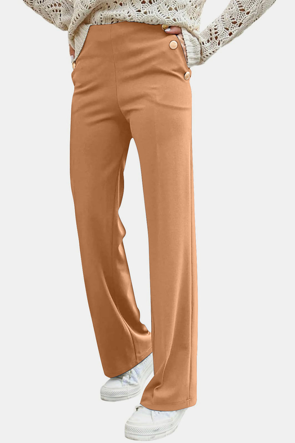 Decorative Button High Rise Pants-BOTTOMS SIZES SMALL MEDIUM LARGE-[Adult]-[Female]-Sherbet-S-2022 Online Blue Zone Planet