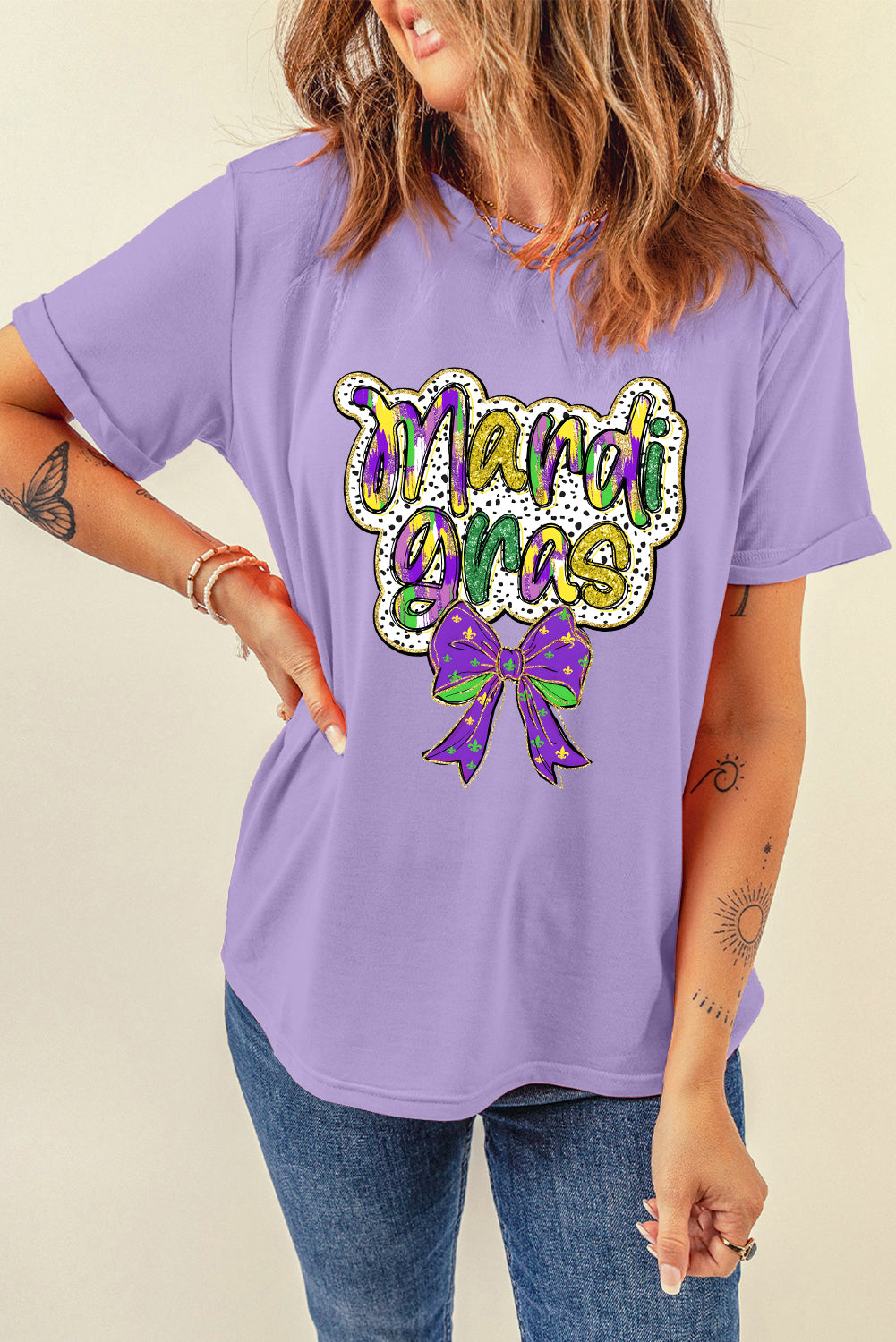 Wisteria mardi gras Bow Graphic Crewneck Holiday T Shirt-Graphic Tees-[Adult]-[Female]-2022 Online Blue Zone Planet