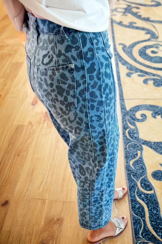 Sky Blue Leopard Print Straight Loose Jeans-Bottoms/Jeans-[Adult]-[Female]-2022 Online Blue Zone Planet