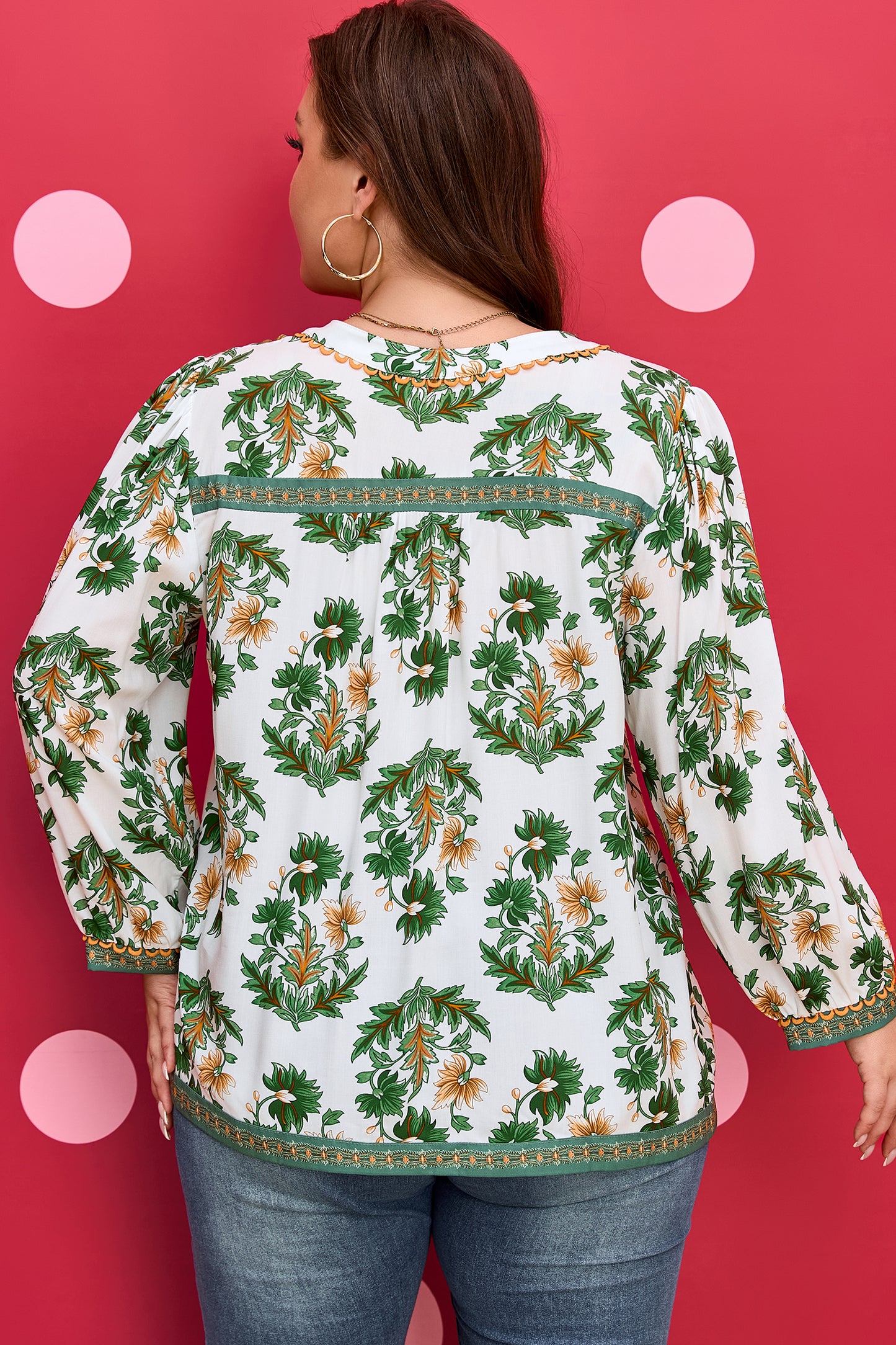 Green Plus Size Floral Printed Contrast Patchwork Detail Tassel Tie 3/4 Sleeve Blouse-Plus Size/Plus Size Tops/Plus Size Blouses & Shirts-[Adult]-[Female]-2022 Online Blue Zone Planet