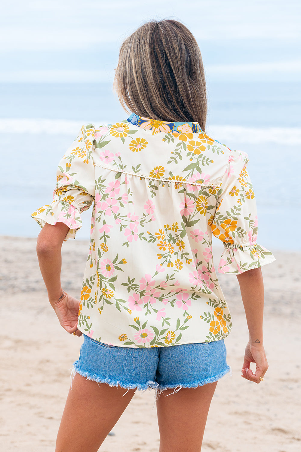 Multicolour Crochet V Neck Half Sleeve Boho Floral Blouse-Tops/Blouses & Shirts-[Adult]-[Female]-2022 Online Blue Zone Planet
