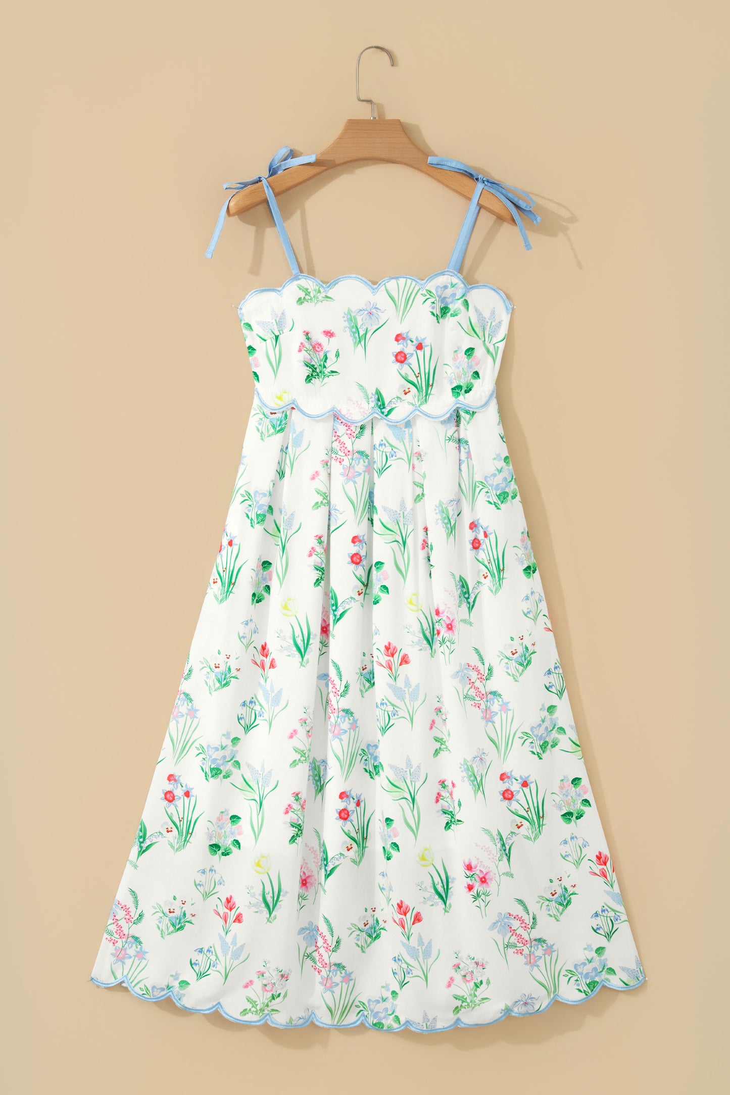 Beige Floral Print Contrast Trim Self-tie Straps High Waist Midi Dress-TOPS / DRESSES-[Adult]-[Female]-2022 Online Blue Zone Planet