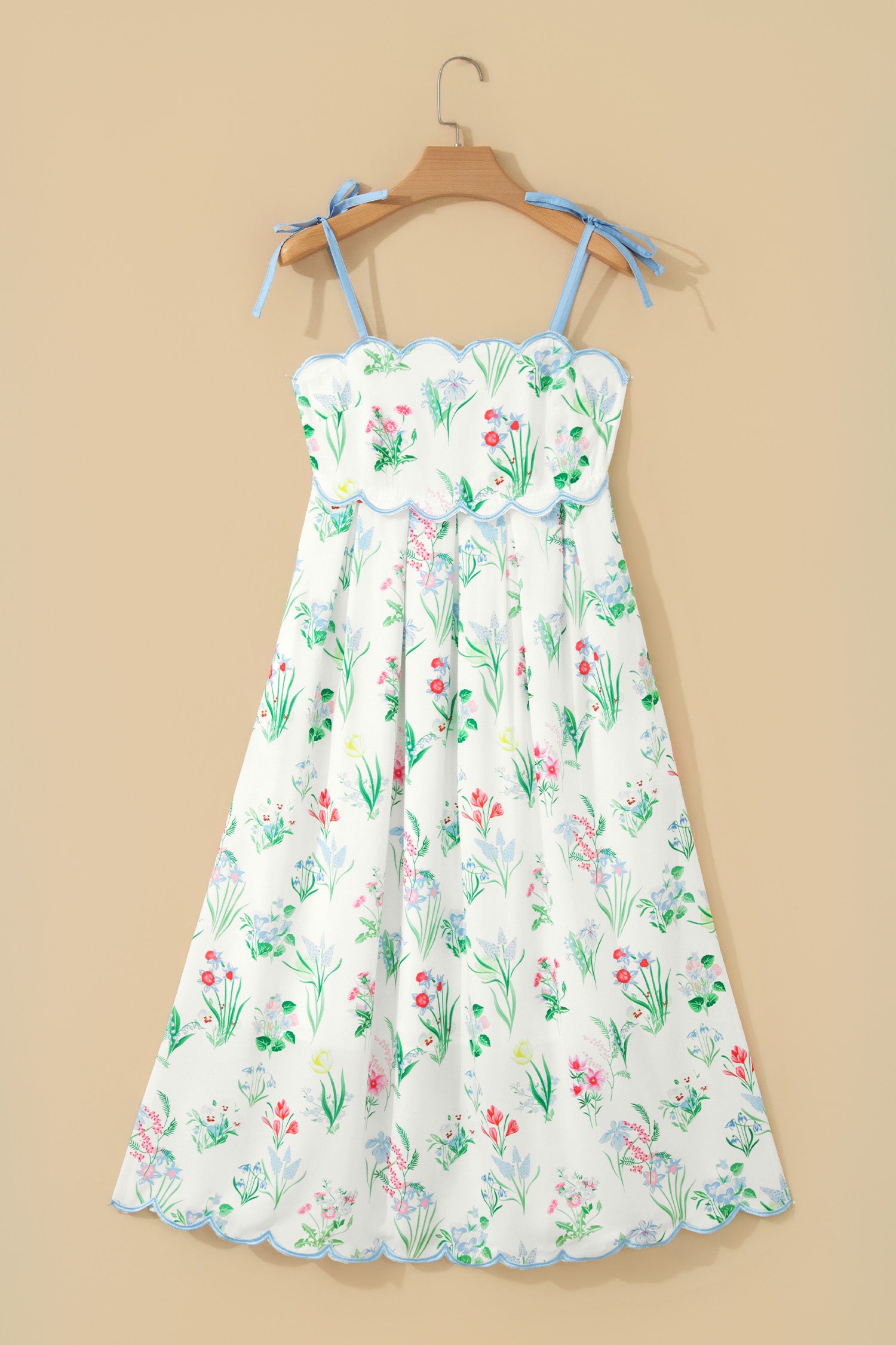 Beige Floral Print Contrast Trim Self-tie Straps High Waist Midi Dress-TOPS / DRESSES-[Adult]-[Female]-2022 Online Blue Zone Planet