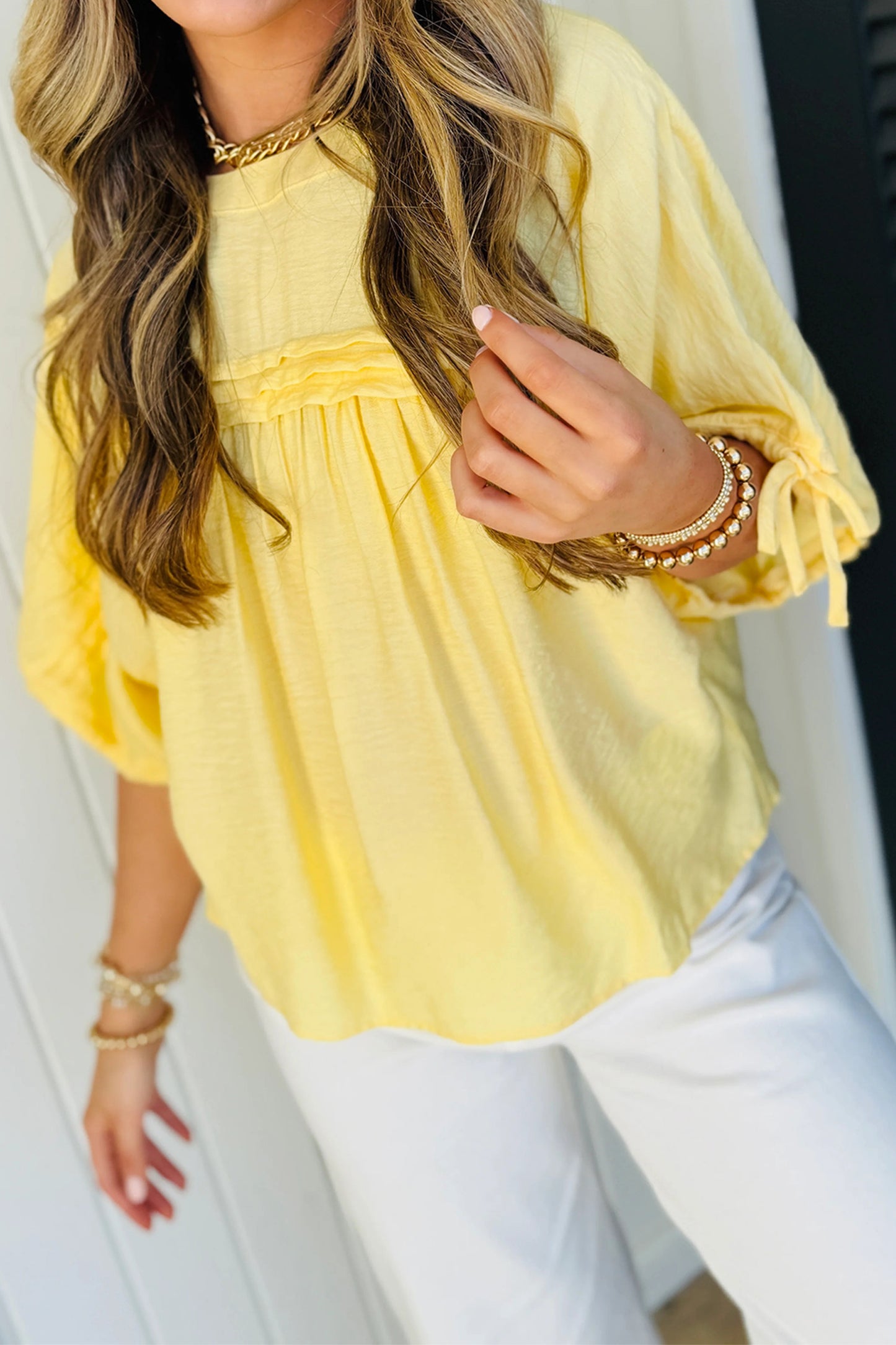 Yellow Cream Tie Half Sleeve Pleated Detail Babydoll Blouse-Tops/Blouses & Shirts-[Adult]-[Female]-2022 Online Blue Zone Planet