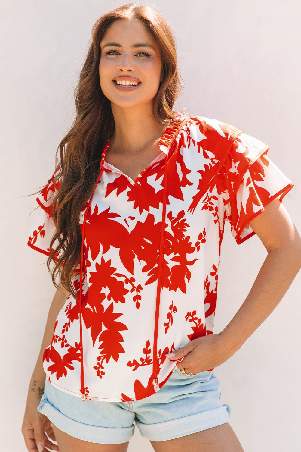 Red Plant Print Tiered Ruffled Sleeve V Neck Blouse-Tops/Blouses & Shirts-[Adult]-[Female]-Red-S-2022 Online Blue Zone Planet