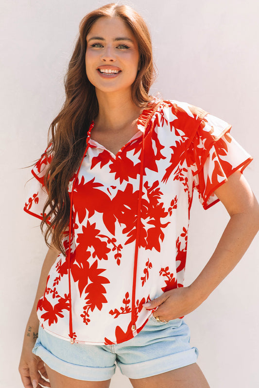 Red Plant Print Tiered Ruffled Sleeve V Neck Blouse-Tops/Blouses & Shirts-[Adult]-[Female]-Red-S-2022 Online Blue Zone Planet