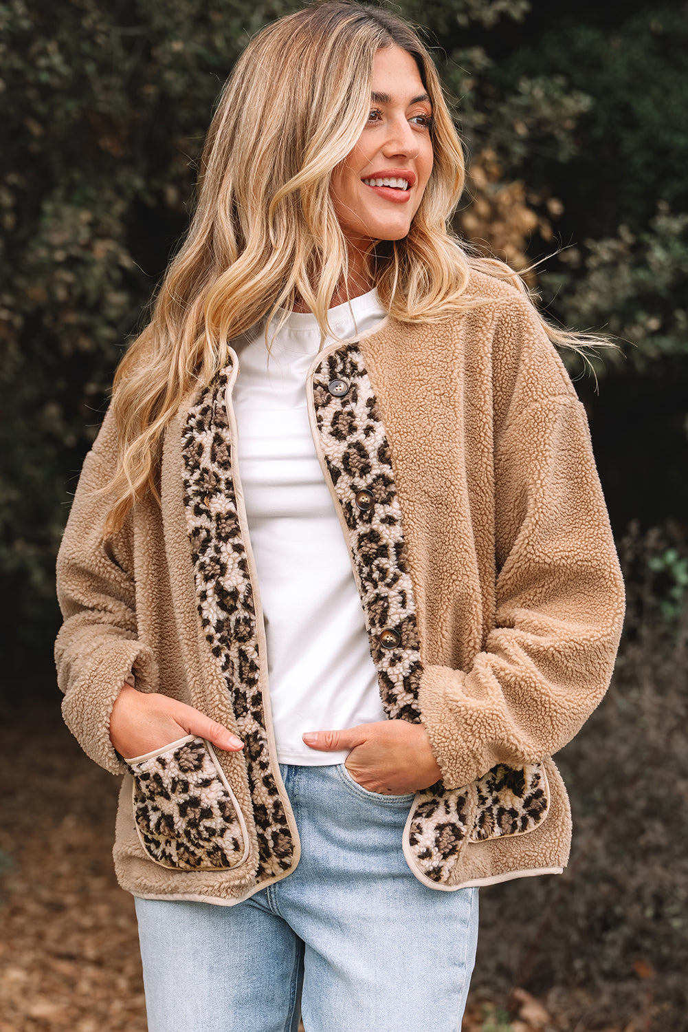 Casual Leopard Print Accent Plush Jacket with Pockets-Outerwear/Jackets-[Adult]-[Female]-Smoke Gray-S-2022 Online Blue Zone Planet