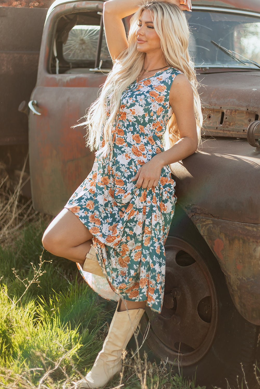 Green Floral Print Trimmed V Neck Tie Waist Sleeveless Holiday Long Dress-TOPS / DRESSES-[Adult]-[Female]-2022 Online Blue Zone Planet