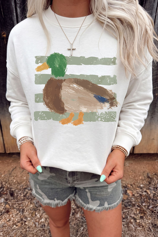 White Western Duck Graphic Casual Pullover Sweatshirt-Graphic/Graphic Sweatshirts-[Adult]-[Female]-White-S-2022 Online Blue Zone Planet