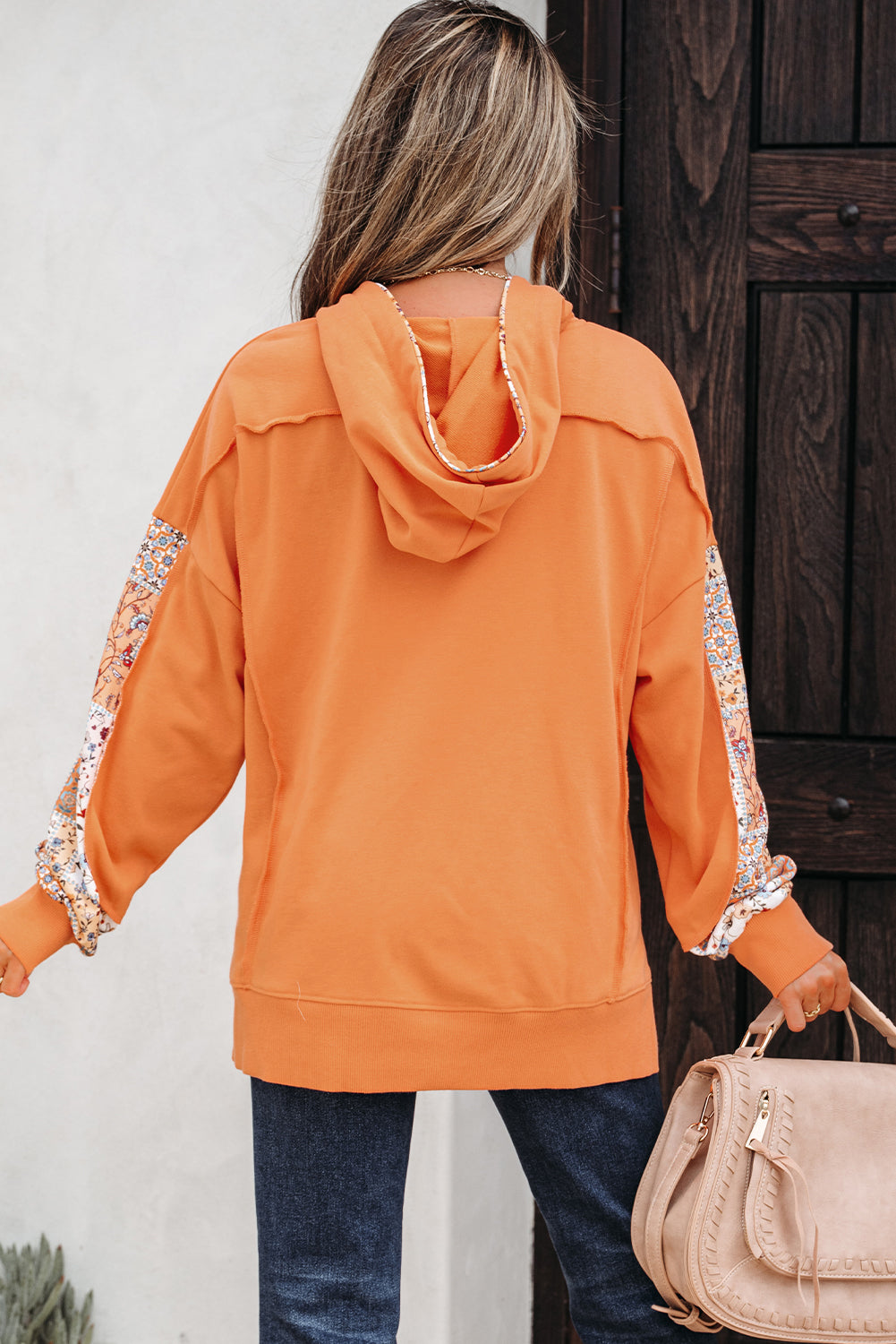 Flamingo Mix Floral Patchwork Side Slit Drawstring Hoodie-Tops / Dresses-[Adult]-[Female]-2022 Online Blue Zone Planet
