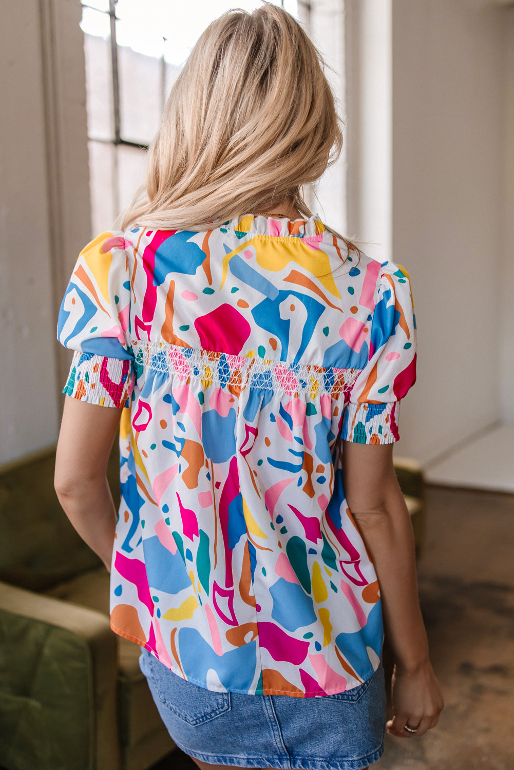 Multicolour Abstract Print Lace Detail Shirred Short Sleeve Split Neck Blouse-Tops/Blouses & Shirts-[Adult]-[Female]-2022 Online Blue Zone Planet