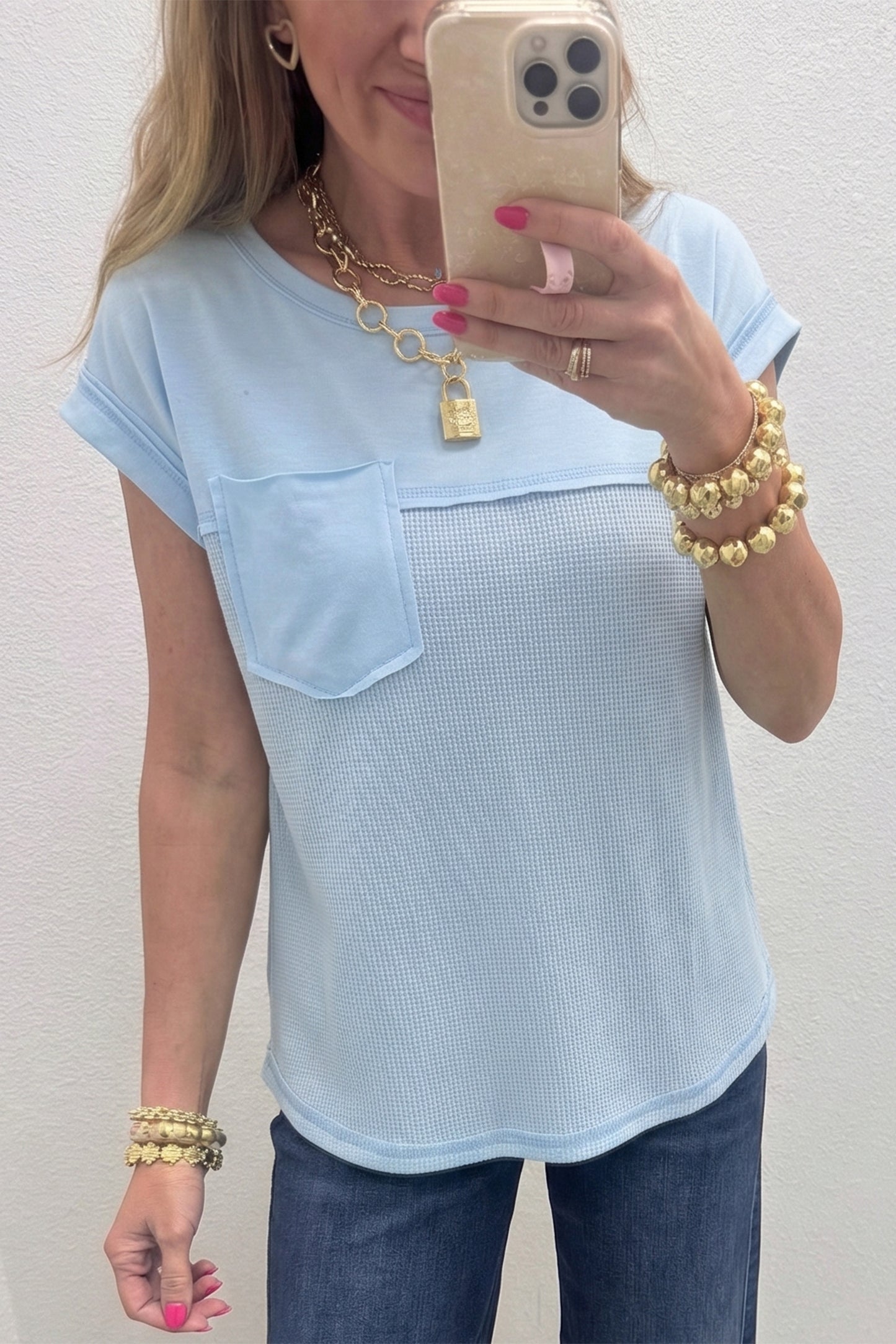 Pink Solid Color Raw Seam Waffled Patchwork Casual T Shirt-Tops/Tops & Tees-[Adult]-[Female]-Light Blue-S-2022 Online Blue Zone Planet