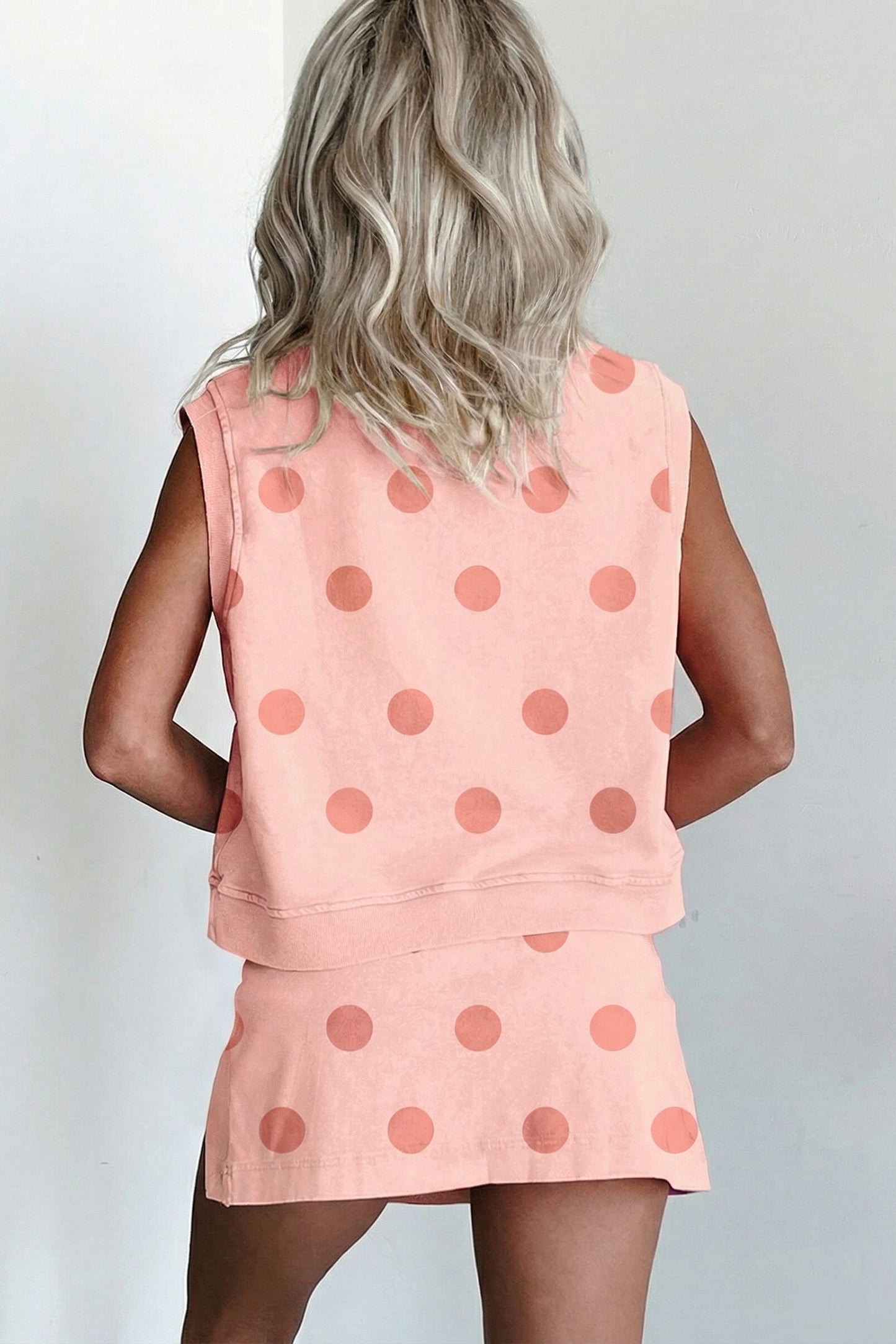 Sky Blue Ribbed Trim Polka Dot Print Tank Split Mini Skort 2pcs Set-Two Piece Sets/Two Piece Dresses-[Adult]-[Female]-2022 Online Blue Zone Planet