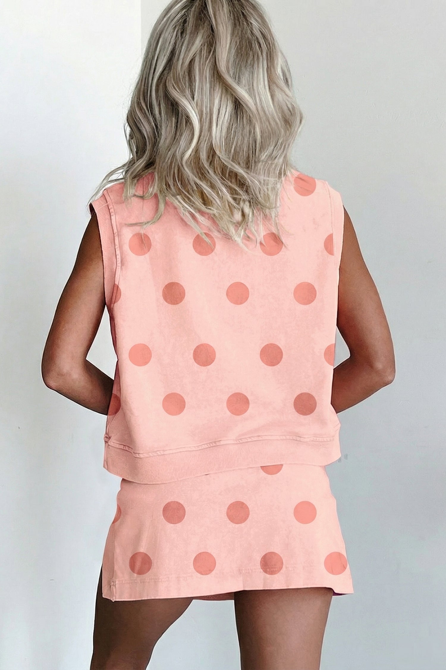 Sky Blue Ribbed Trim Polka Dot Print Tank Split Mini Skort 2pcs Set-Two Piece Sets/Two Piece Dresses-[Adult]-[Female]-2022 Online Blue Zone Planet
