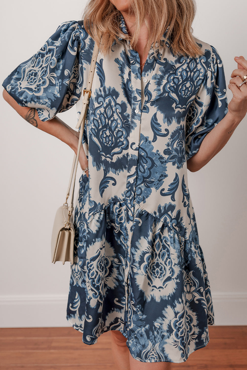 Blue Boho Floral Print Buttoned Collared Loose Fit Mini Dress-TOPS / DRESSES-[Adult]-[Female]-2022 Online Blue Zone Planet