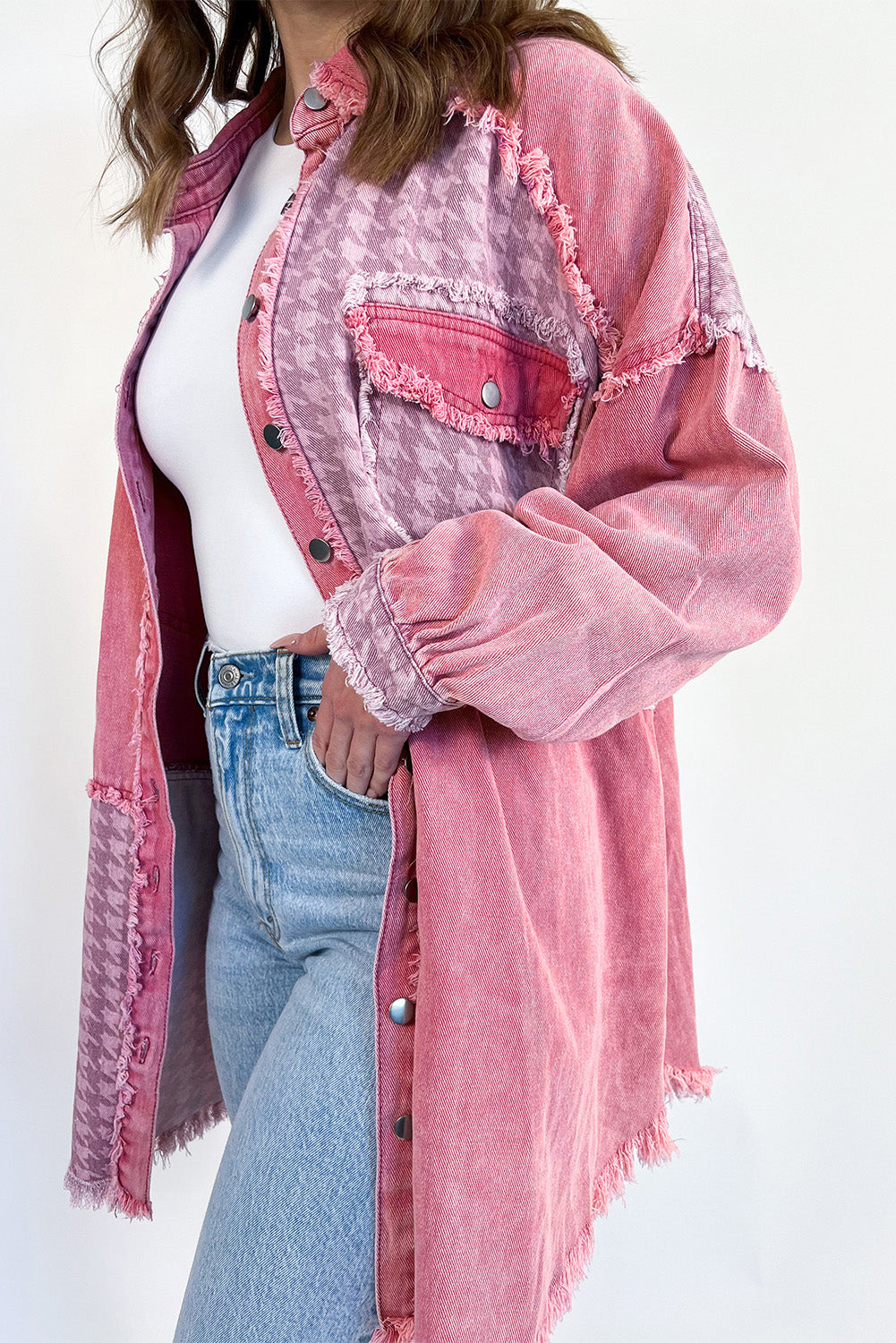 Blue Zone Planet | Medium Grey Retro Distressed Houndstooth Patchwork Denim Jacket-Outerwear/Denim jackets-[Adult]-[Female]-Pink-S-2022 Online Blue Zone Planet