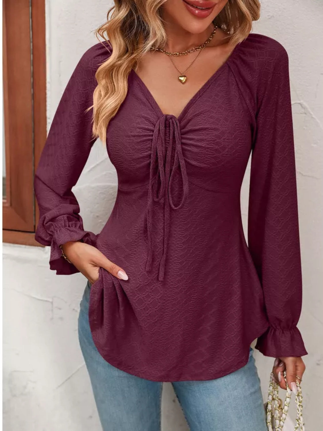 Full Size Drawstring Ruffled V-Neck Long Sleeve Blouse-TOPS / DRESSES-[Adult]-[Female]-2022 Online Blue Zone Planet