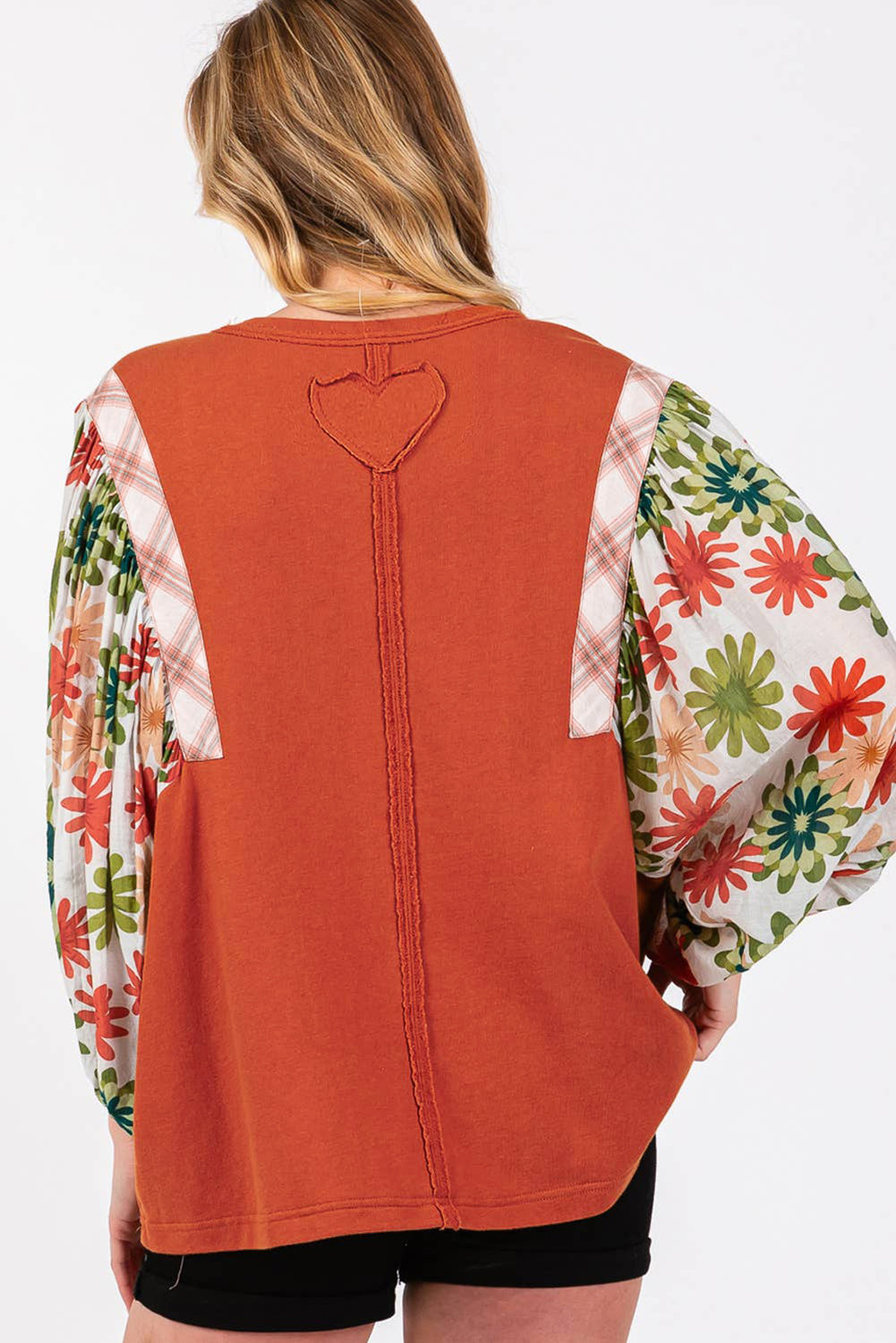 Desert Gold Floral Puff Sleeve Patchwork Round Neck Blouse-Tops/Blouses & Shirts-[Adult]-[Female]-2022 Online Blue Zone Planet