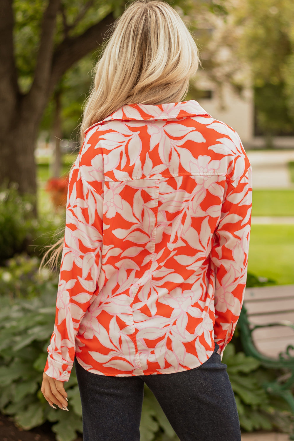 Orange Botanical Print Single Chest Pocket Button Up Shirt-Tops/Blouses & Shirts-[Adult]-[Female]-2022 Online Blue Zone Planet