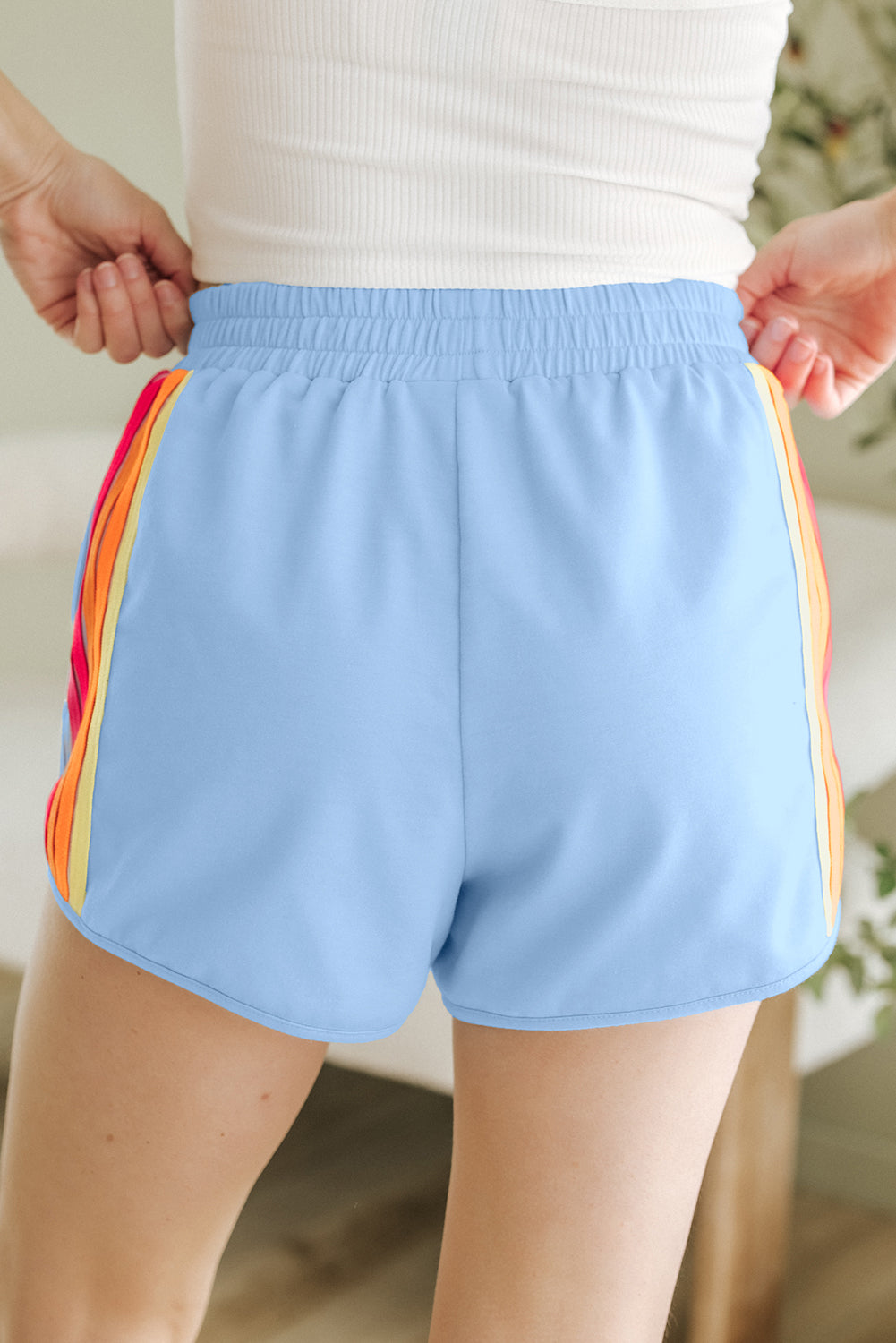 Beau Blue Color Block Stripes Elastic High Waist Active Shorts-Bottoms/Casual Shorts-[Adult]-[Female]-2022 Online Blue Zone Planet
