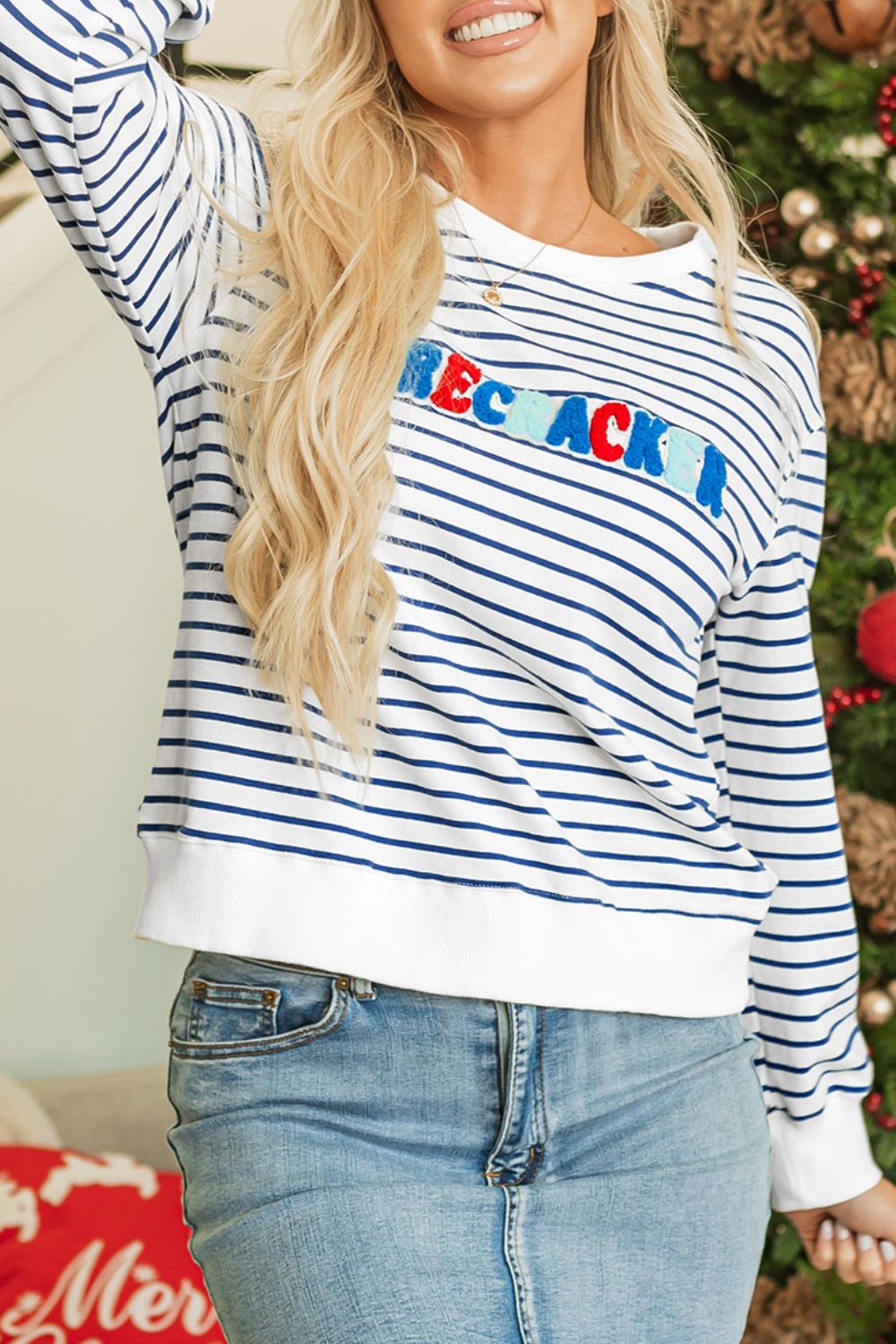 FIRECRACKER Striped Round Neck Long Sleeve Sweatshirt-TOPS / DRESSES-[Adult]-[Female]-2022 Online Blue Zone Planet