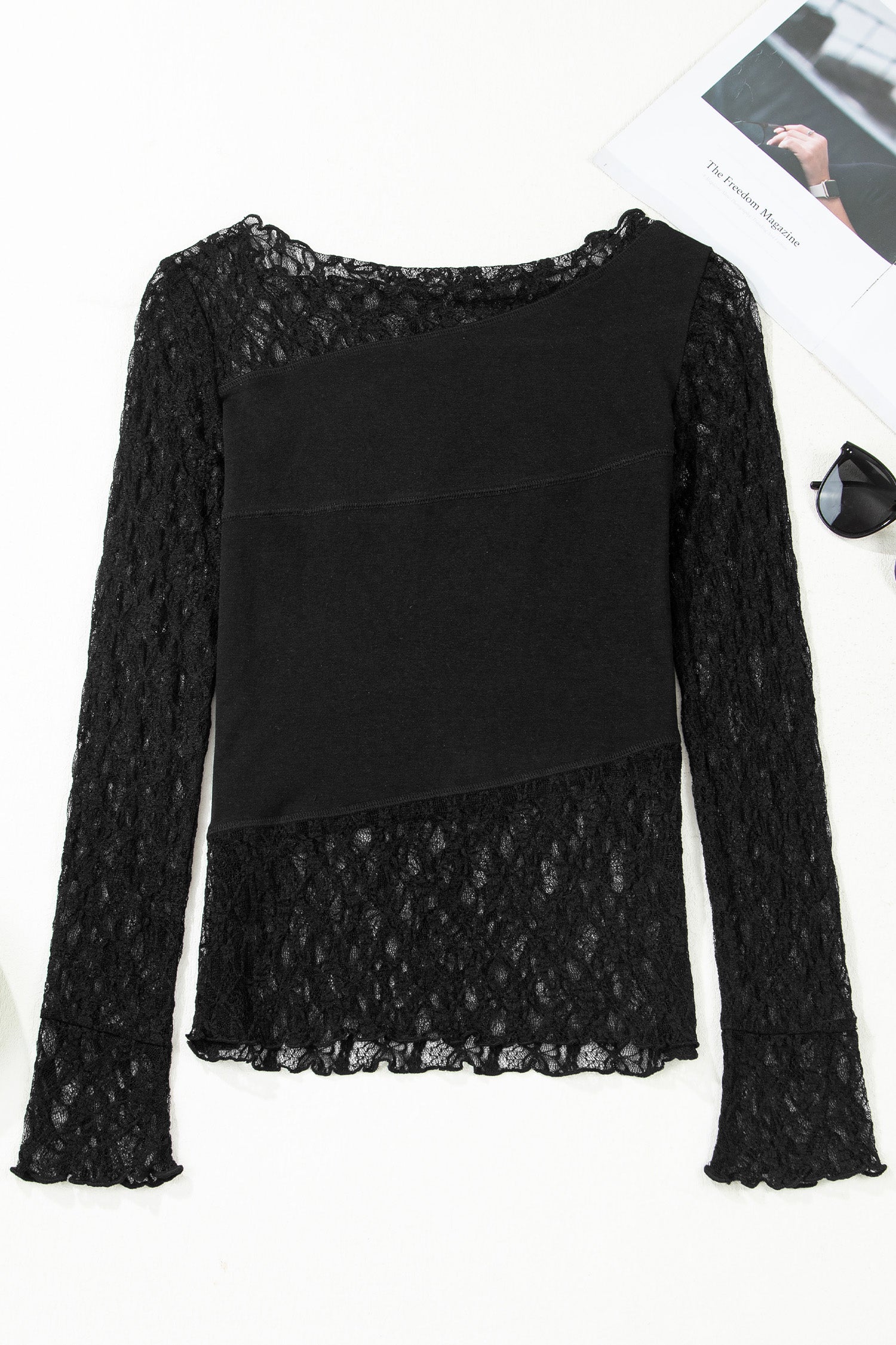 Black Asymmetric Panels Sheer Floral Lace Patchwork Long Sleeve Top-Tops/Long Sleeve Tops-[Adult]-[Female]-2022 Online Blue Zone Planet