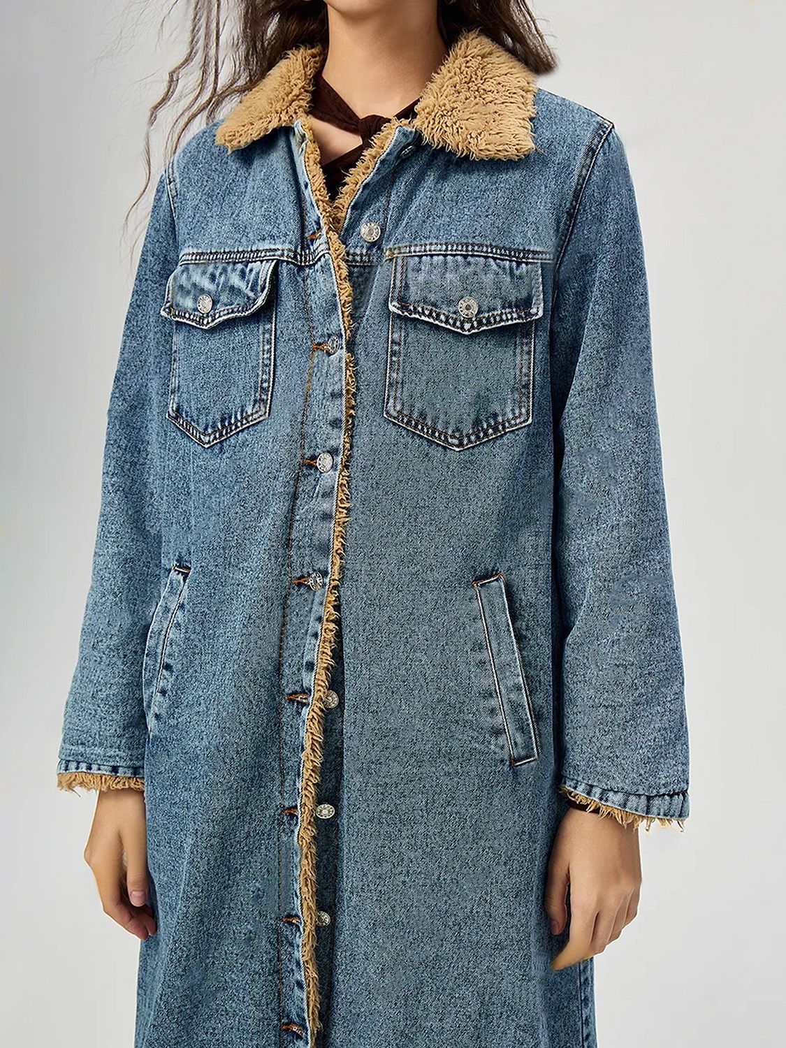 Blue Zone Planet | Pocketed Button Up Denim Jacket with Fur Lining-TOPS / DRESSES-[Adult]-[Female]-2022 Online Blue Zone Planet