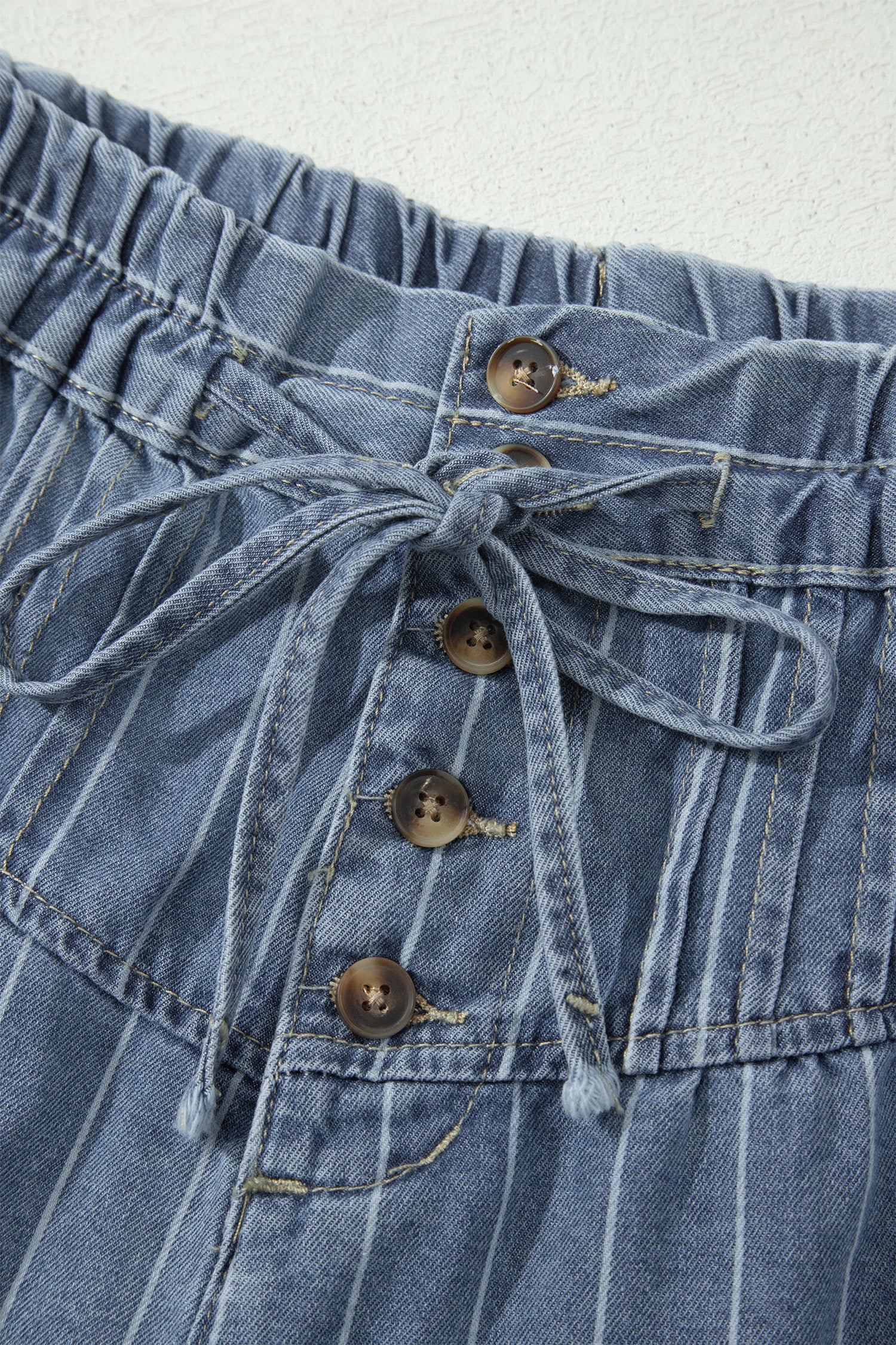 Sky Blue Stripe Drawstring Button Pleated High Waist Denim Shorts-Bottoms/Denim Shorts-[Adult]-[Female]-2022 Online Blue Zone Planet