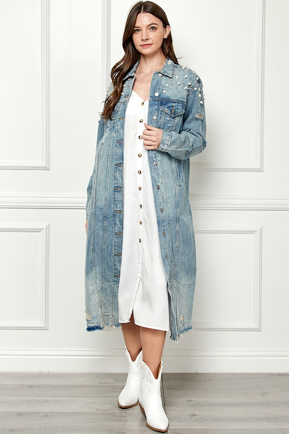 Blue Zone Planet | Veveret Full Size Distressed Raw Hem Pearl Detail Button Up Jacket-TOPS / DRESSES-[Adult]-[Female]-2022 Online Blue Zone Planet