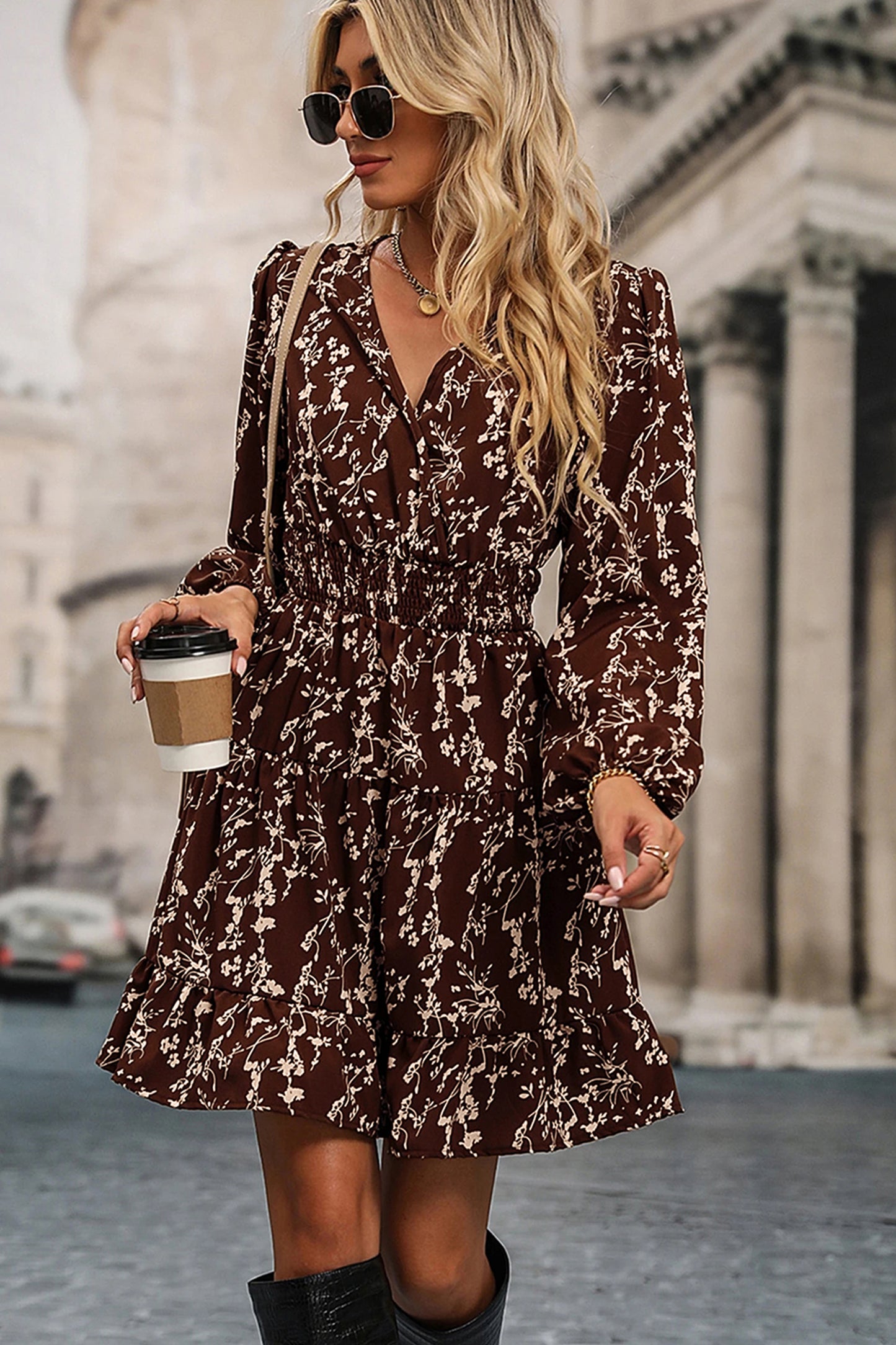 Brown Ditsy Floral Print Split Neck Long Sleeve Shirred Waist Flared Mini Dress-Dresses/Mini Dresses-[Adult]-[Female]-2022 Online Blue Zone Planet