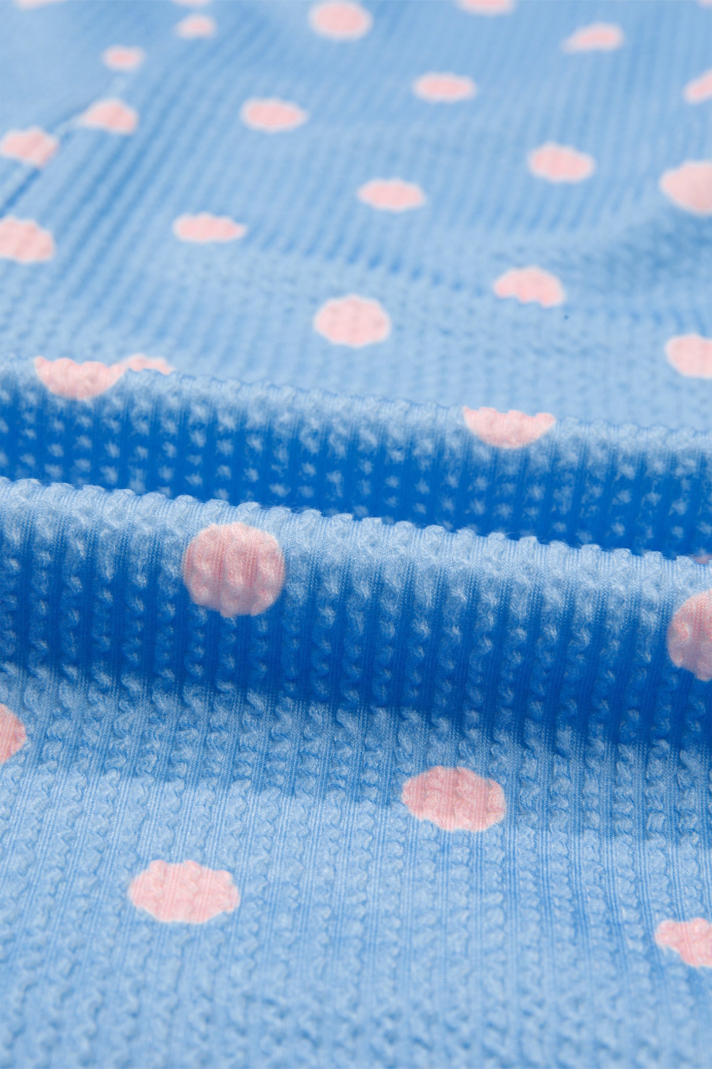 Sky Blue Raised Rib Polka Dot Print Cuffed Short Sleeve Top-Tops/Tops & Tees-[Adult]-[Female]-2022 Online Blue Zone Planet